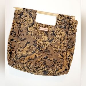 Vintage Tapestry Cherub Knitting Bag With Wooden Sheaths